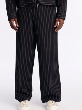 NovaMen Black Pinstripe Wide-Leg Pants with White Stripes. Size M.